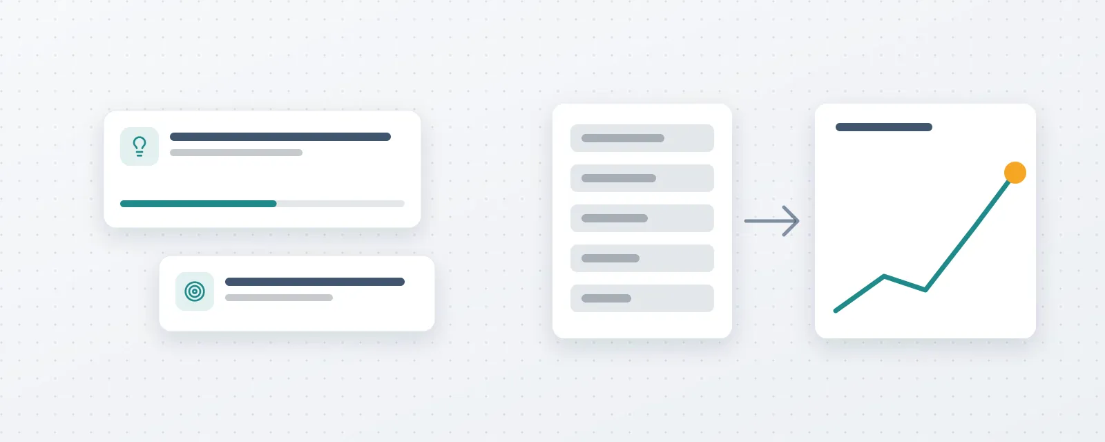 Illustration: a list of tickets on the left, an arrow, and a rising outcome chart on the right