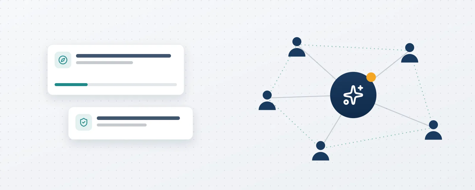 Illustration: a leadership network connected around a central AI node, with programme cards on the left
