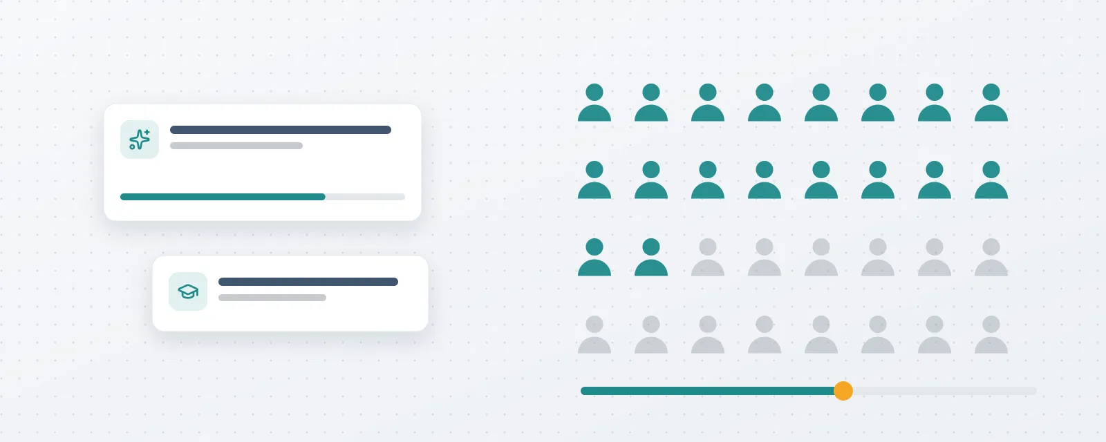 Illustration: a grid of people with a growing share highlighted in teal, and a progress bar
